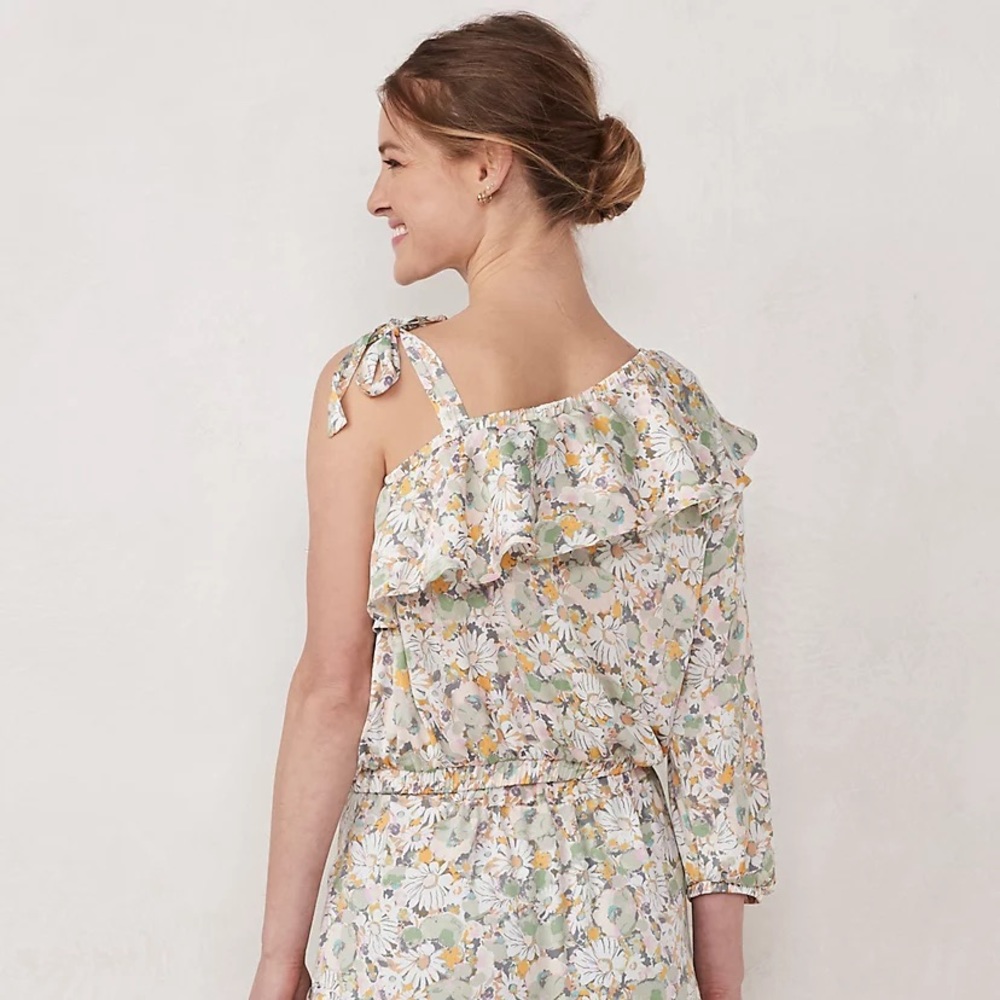 LC Lauren Conrad Daisy Floral Print Flowy Ruffle One-Shoulder Tie Top Size L - Picture 2 of 8